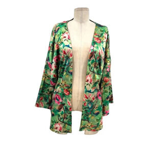 Elvi Green Floral Print Open Front Tie Kimono Jacket Size UK 20 / US 16